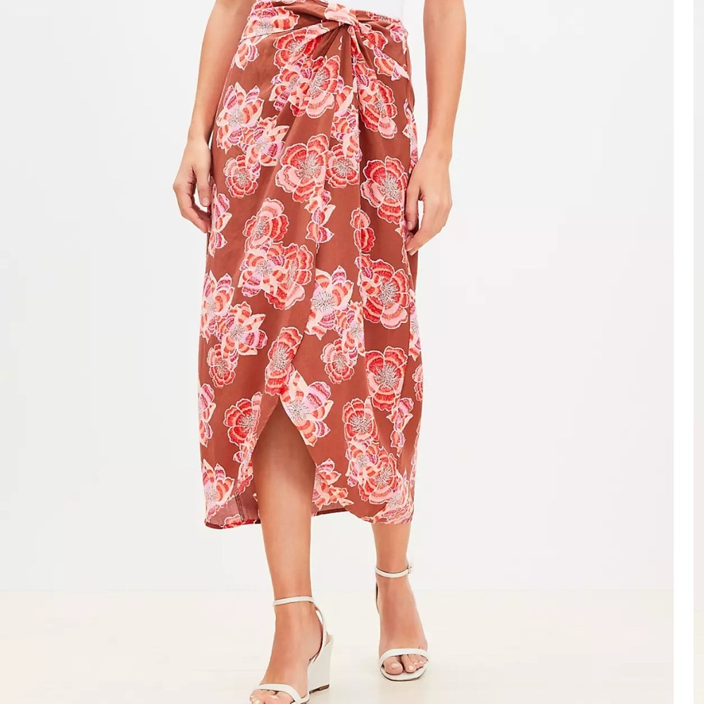 LOFT Sarong Wrap Style Skirt Orange and Pink Midi Resort vacation